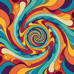 Colorful abstract swirl pattern with vibrant red, yellow, blue, and orange waves forming a hypnotic spiral effect