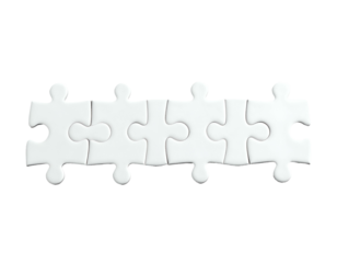 Five interlocking puzzle pieces in white against a black background, forming a horizontal chain