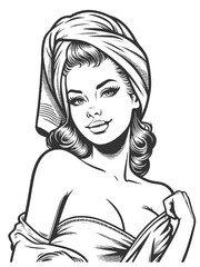 glamorous woman wrapped in a towel with a head wrap, exuding confidence and retro beauty style sketch engraving generative ai fictional character vector illustration. Scratch board. Black and white.