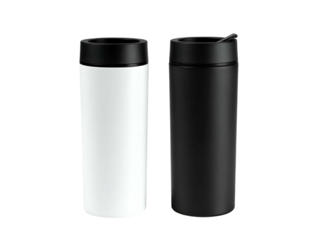 Two insulated cylindrical travel mugs, one white and one black, against a black backdrop