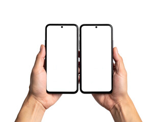 Human hands holding an open dual-screen smartphone against a black background