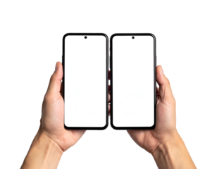 Human hands holding an open dual-screen smartphone against a black background