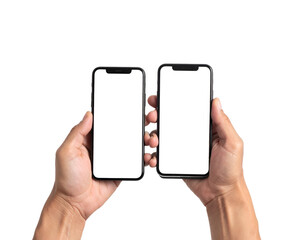 Human hands hold up two adjacent smartphones with blank screens, set against a black background
