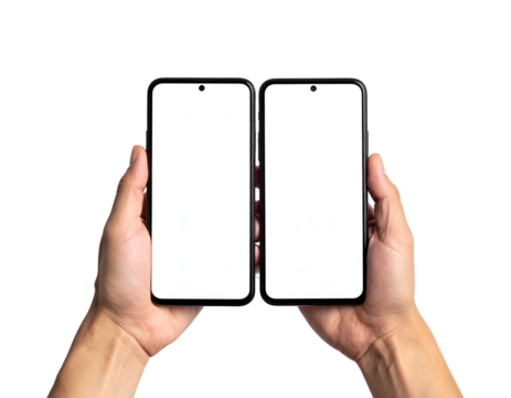 Human hands holding an open dual-screen smartphone against a black background
