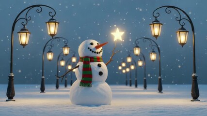 Cheerful snowman under lanternlit snowfall in winter wonderland. 4k Video footage - Powered by Adobe
