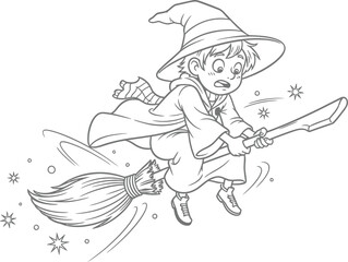 Young wizard or witch flying on a magic broomstick coloring page outline cartoon line art vector