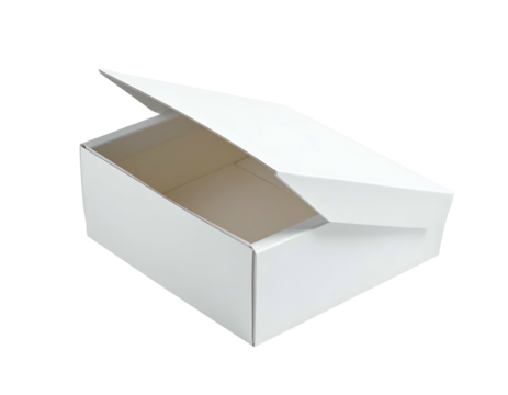 A white rectangular paper box, partially open, showing its internal pale surfaces