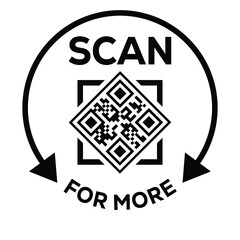 Black and white vector icon featuring a QR code inside a stylized frame, enclosed by a circular arrow and the text 
