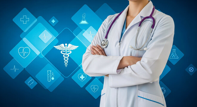 Woman doctor standing with crossed arms, stethoscope around neck, medical and healthcare icons. Modern medicine concept for health care.