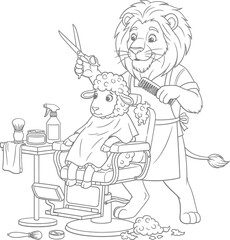 Lion Barber Shearing a Sheep in a Salon Chair Funny Cartoon Black and White Line Art Coloring Page
