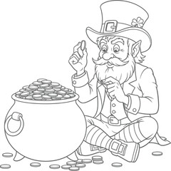 Outline Vector Illustration of a Leprechaun Counting Gold Coins Next to a Full Pot of Gold St Patricks Day Coloring Page