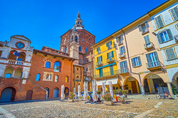 The heart of Pavia old town, Piazza della Vittorio  with medieval palaces and villas, Italy