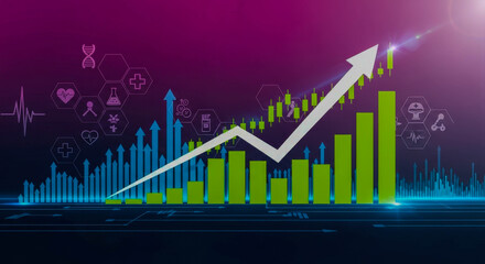Green arrow pointing upward on medical graph. Healthcare business growth chart with rising trend. Digital medicine data visualization for health analysis.