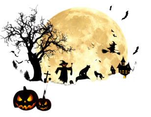 Silhouette scene of a full moon, witch flying, haunted house, pumpkins, cats, and scarecrow