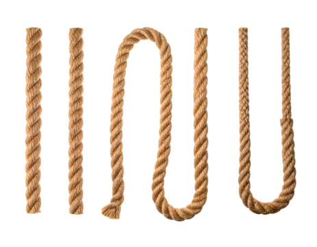 Various brown ropes, straight and curved, isolated on a black background - Powered by Adobe