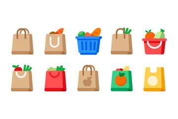 A collection of colorful shopping bags and baskets, filled with various fresh fruits and vegetables.
