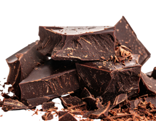 A close-up shot displays chunks of dark, rich, broken confectionery, perfect for enjoyment