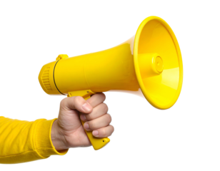 Person holding a yellow megaphone on a black background