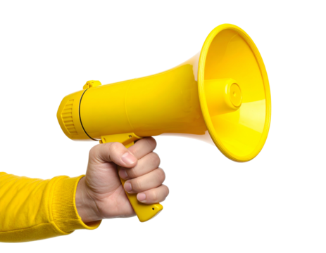Person holding a yellow megaphone on a black background