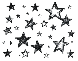 Hand-drawn, scribbled stars in varying sizes against a solid black background