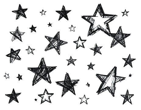 Hand-drawn, scribbled stars in varying sizes against a solid black background