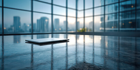 Obraz premium Tablet Device on Reflective Table in Modern High-Rise Office with City View