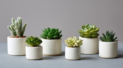 Group of tiny white ceramic succulent pots with minimalist style, displayed against a neutral background