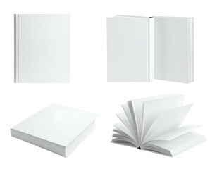 Four different perspectives of a blank white book, representing different stages of opening