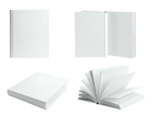 Four different perspectives of a blank white book, representing different stages of opening