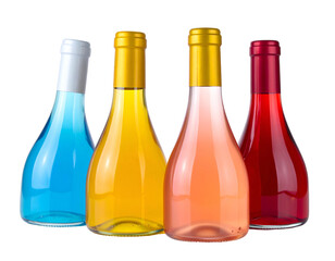Four elegant bottles, each filled with a vibrantly colored liquid, arranged closely together