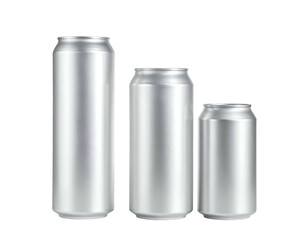 Three silver beverage cans of differing heights arranged in a linear composition