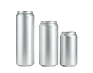 Three silver beverage cans of differing heights arranged in a linear composition