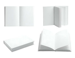 A collection of four white book mockups in various open and closed positions against black background