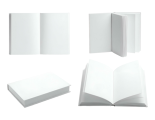 A collection of four white book mockups in various open and closed positions against black background