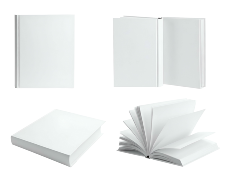 Four different perspectives of a blank white book, representing different stages of opening