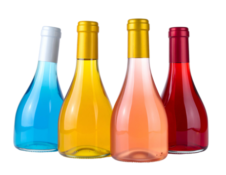 Four elegant bottles, each filled with a vibrantly colored liquid, arranged closely together