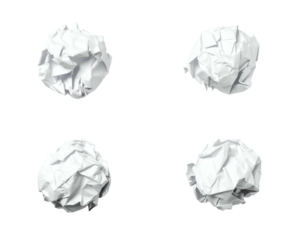 Four wads of crumpled white paper, isolated on a stark black background, viewed from above