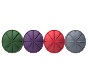 Four colorful circular objects, each with radiating segments, against a black background