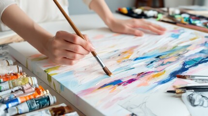 Hands painting abstract brush strokes on a canvas for DIY wall art, surrounded by paint supplies and inspiration sketches