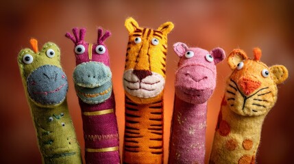 Handmade felt animal puppets with stitched features and vibrant colors, displayed for a storytelling setup