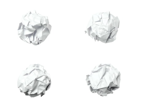 Four wads of crumpled white paper, isolated on a stark black background, viewed from above