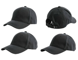 Four images showcase a dark gray baseball cap from multiple angles on a black background