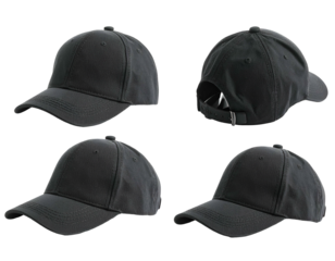 Four images showcase a dark gray baseball cap from multiple angles on a black background