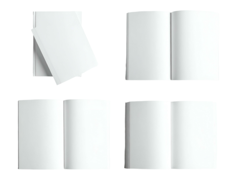 Four different perspectives of a blank book with open pages and a cover