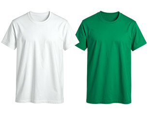 Two plain crew neck t-shirts, one white, the other emerald green, sit against a neutral backdrop