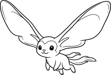 Cute flying creature line art cartoon character with large ears coloring page vector illustration