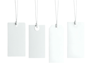 Four plain, white rectangular tags hanging from strings against a stark black background