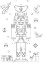 Traditional Nutcracker Soldier Outline Vector for Coloring Book Christmas Page with Holly Berries, Snowflakes, and Holiday Presents