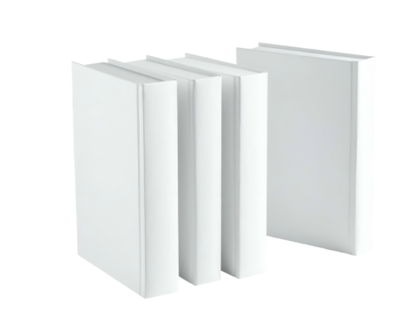 Several white books are arranged in a group, illustrating literature or reading