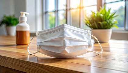 Disposable masks and a bottle of disinfectant on a wooden table